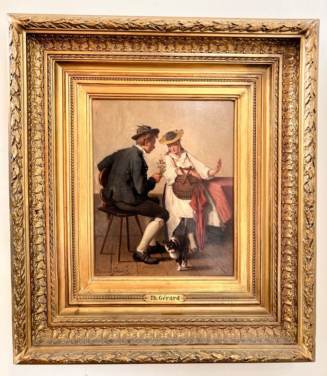 Théodore Gérard, Gallant Scene, Oil On Panel, Dated 1877 In Its Original Louis XVI Style Frame