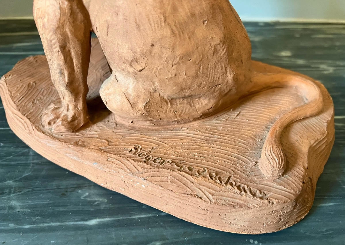 Roger Godchaux, Sitting Lion Cub, Animalier Sculpture In Terracotta By Susse Frères.-photo-4