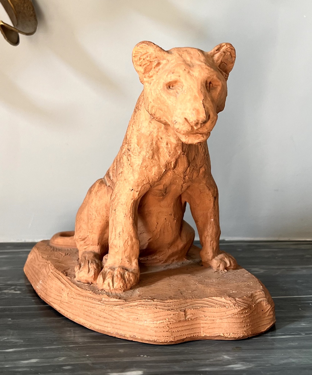 Roger Godchaux, Sitting Lion Cub, Animalier Sculpture In Terracotta By Susse Frères.