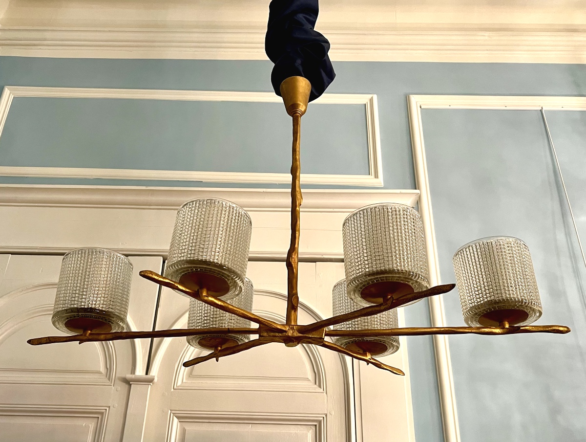 Felix Agostini x Maison Arlus, Rare lustre moderne en bronze doré et verre -photo-2