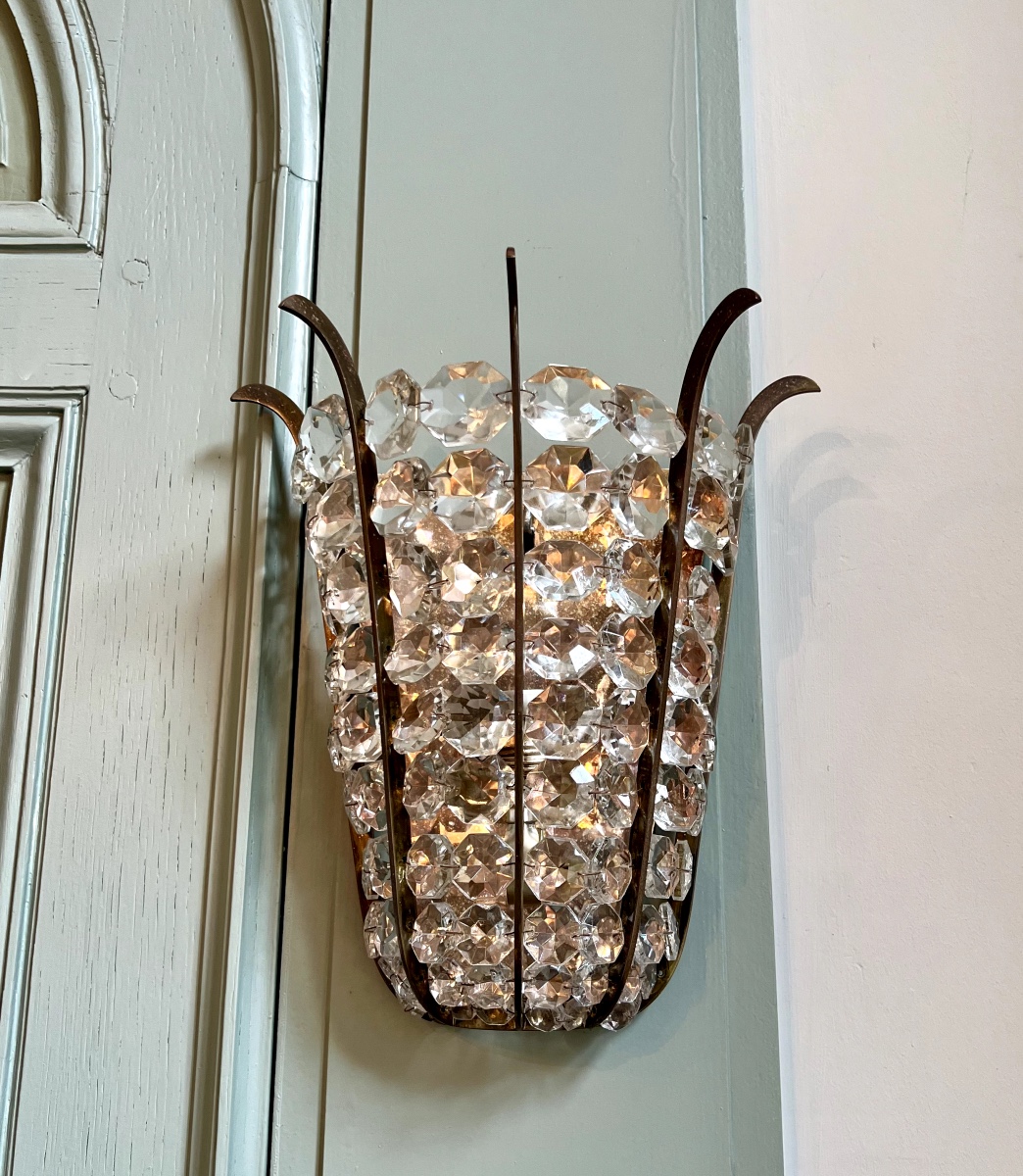 Pair Of Art Deco Wall Lights In Bronze With Cut Crystal-photo-2