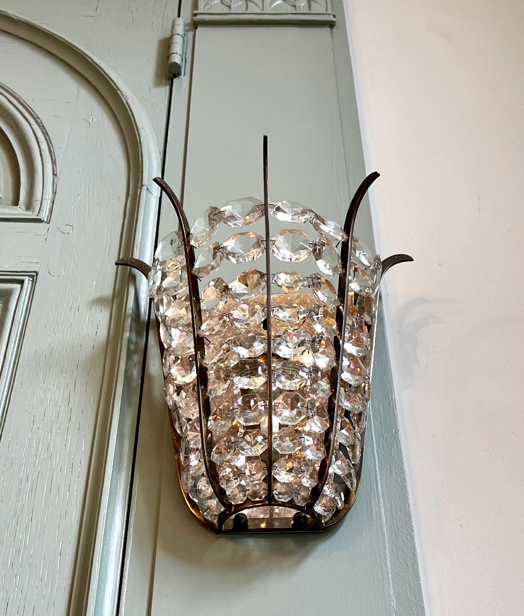 Pair Of Art Deco Wall Lights In Bronze With Cut Crystal-photo-4