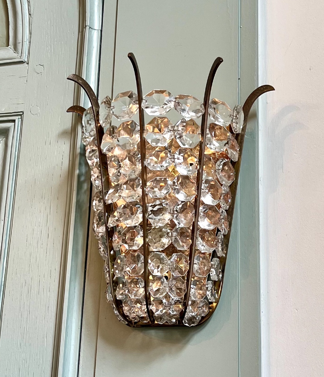 Pair Of Art Deco Wall Lights In Bronze With Cut Crystal