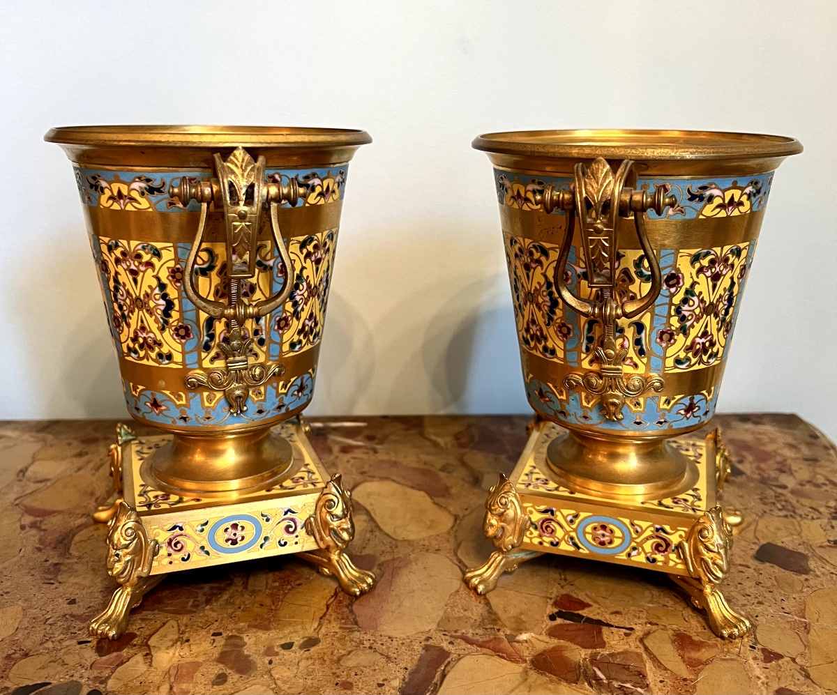 Pair Of Orientalist Gilt Bronze And Cloisonné Jardinieres – Attributed To Sevin & Barbedienne-photo-3
