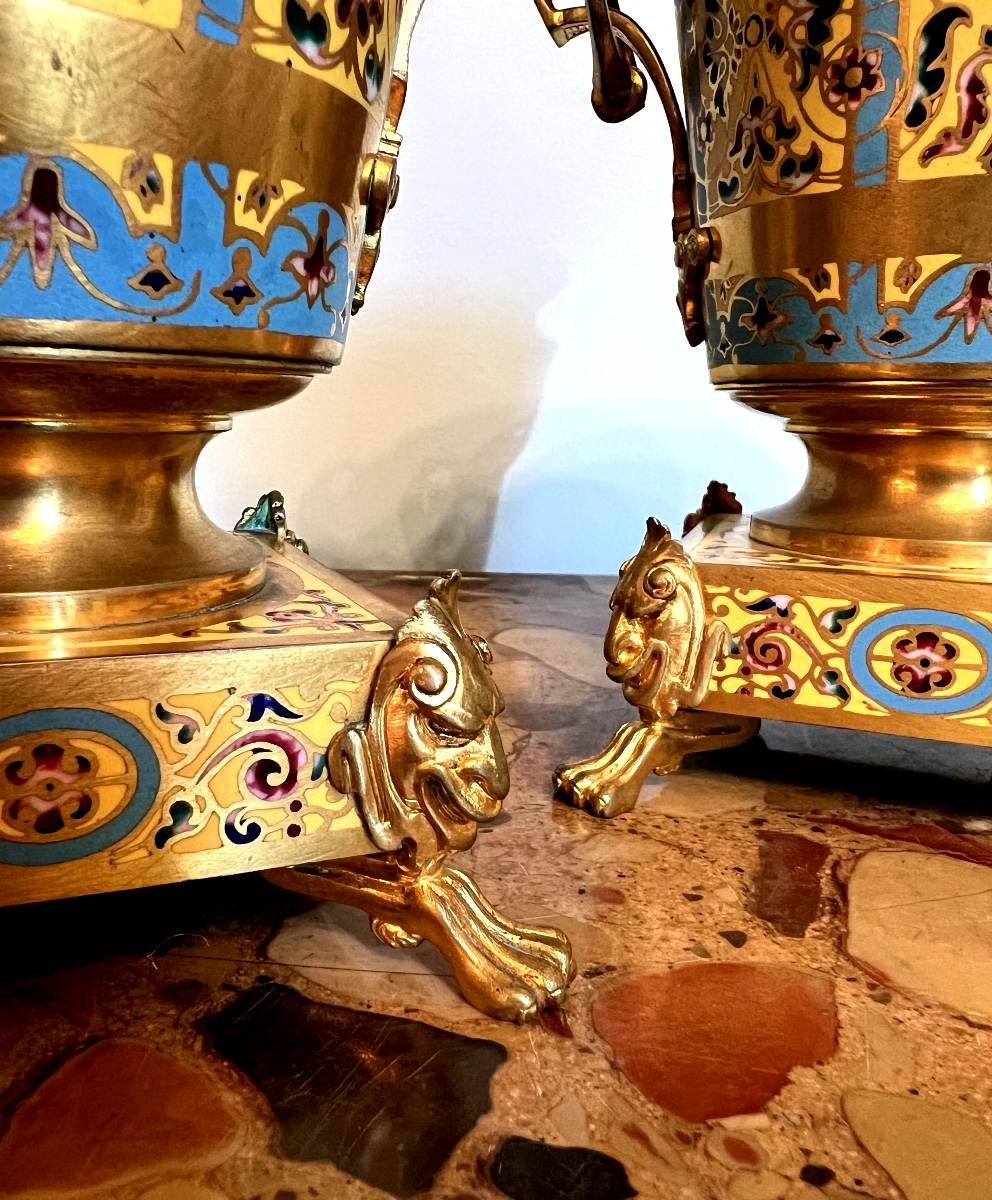 Pair Of Orientalist Gilt Bronze And Cloisonné Jardinieres – Attributed To Sevin & Barbedienne-photo-1