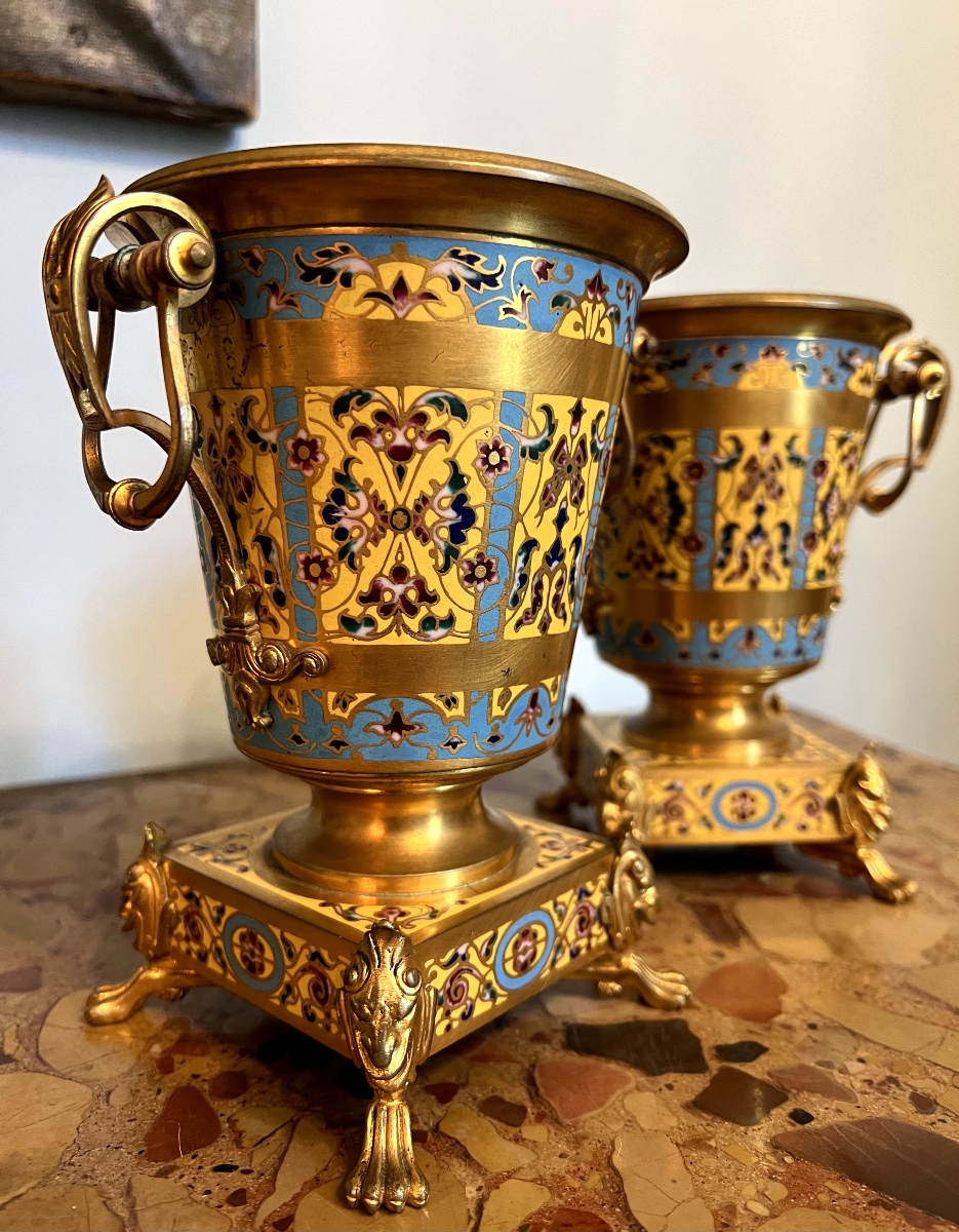 Pair Of Orientalist Gilt Bronze And Cloisonné Jardinieres – Attributed To Sevin & Barbedienne-photo-5