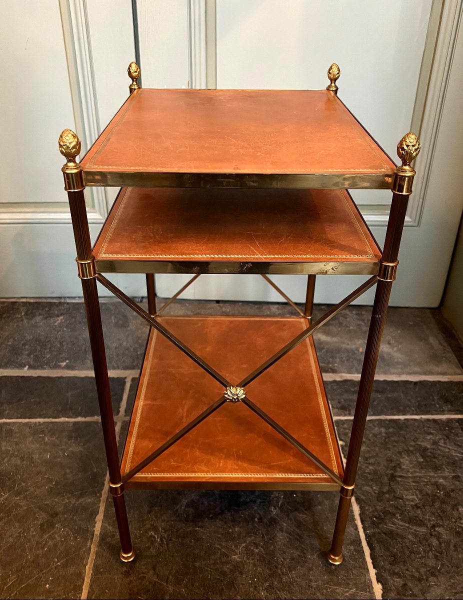 Maison Baguès, Pair Of Bronze And Cognac Leather Sofa Ends / Side Tables-photo-2