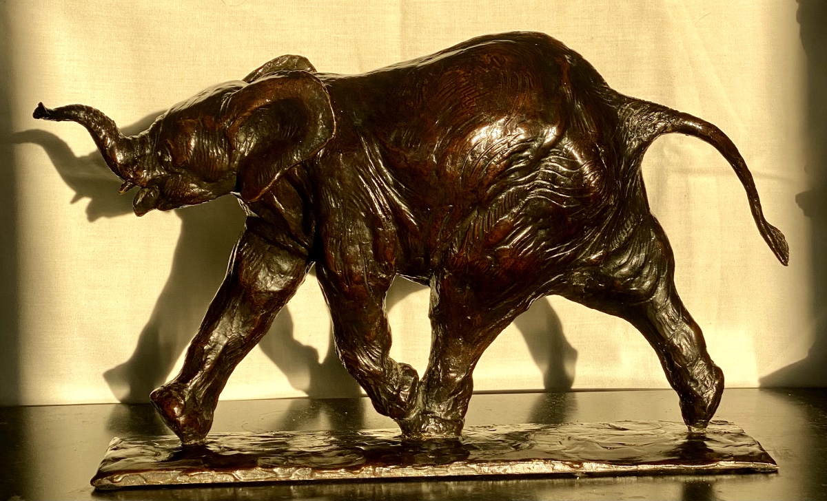Albéric Collin, Young African Baby Elephant Running, Ca. 1920. Bronze Animalier-photo-3