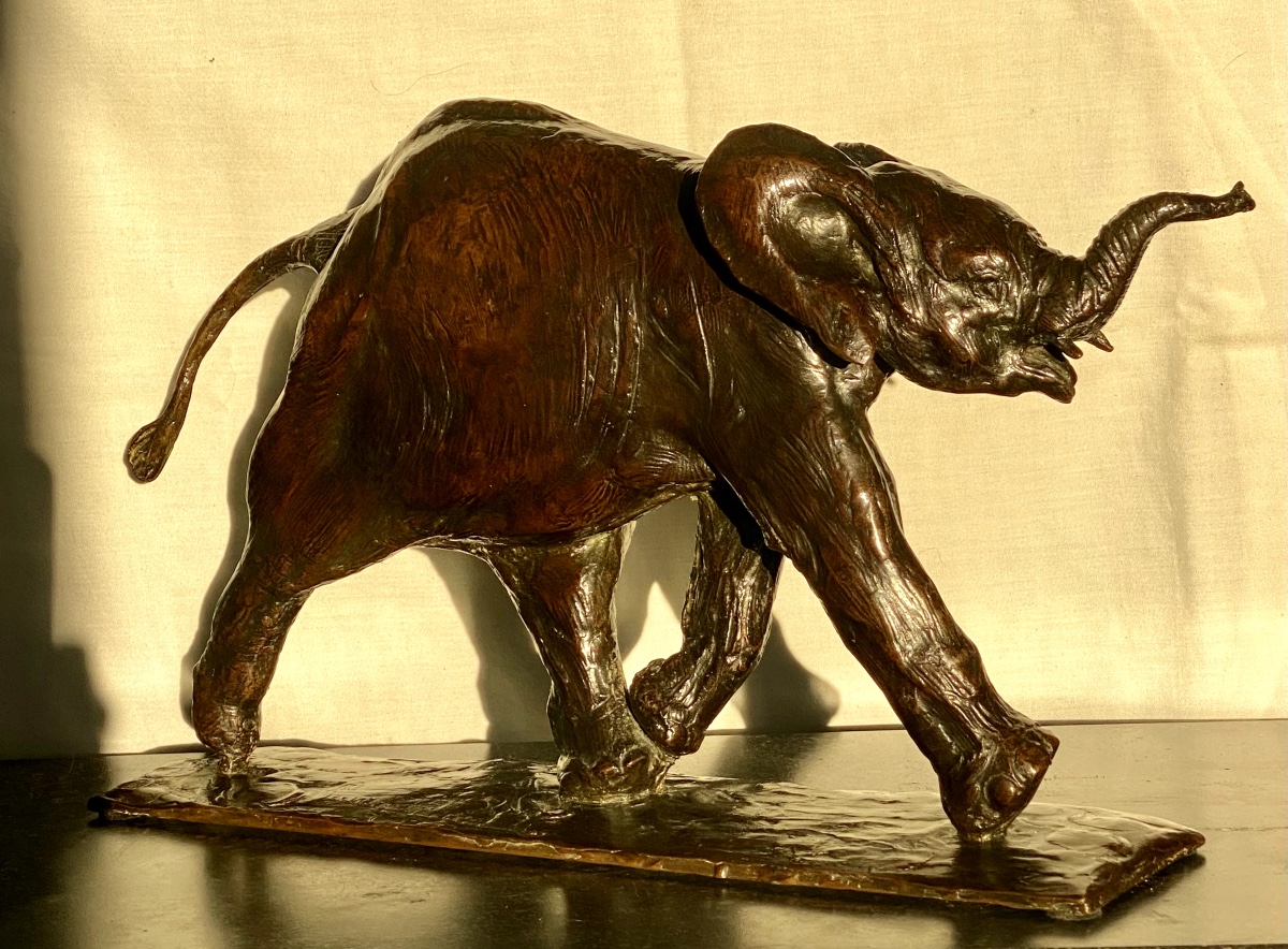 Albéric Collin, Young African Baby Elephant Running, Ca. 1920. Bronze Animalier-photo-2