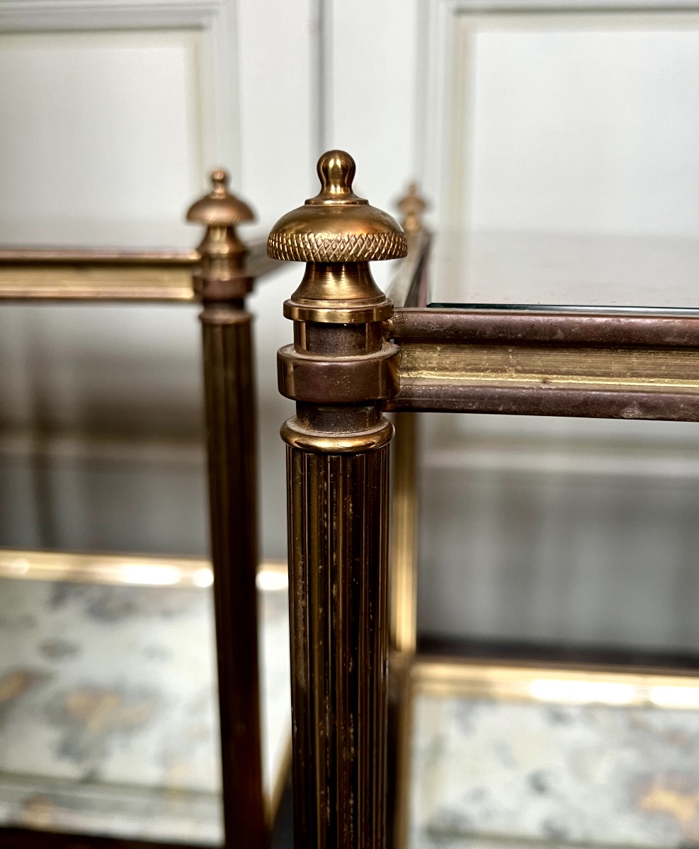 Paire de bouts de canapé en bronze avec plateau en faux cuir et mirror oxydés -photo-2