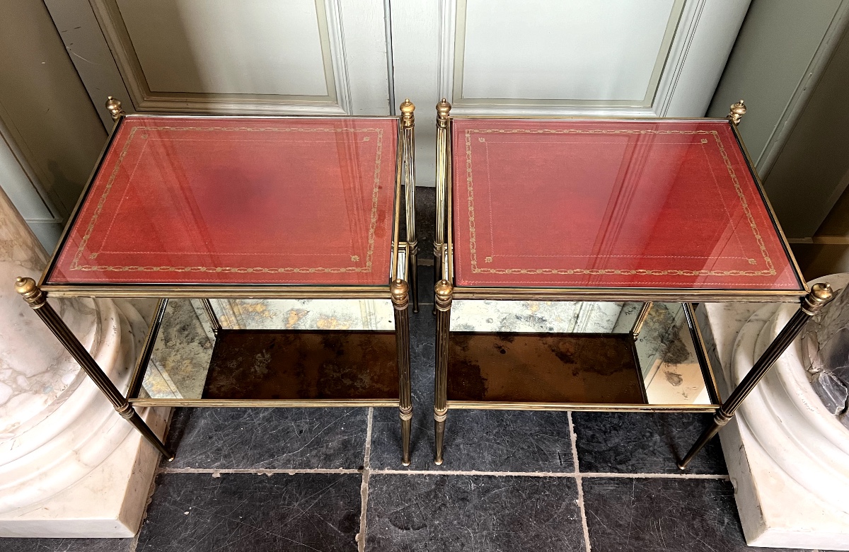 Paire de bouts de canapé en bronze avec plateau en faux cuir et mirror oxydés -photo-4