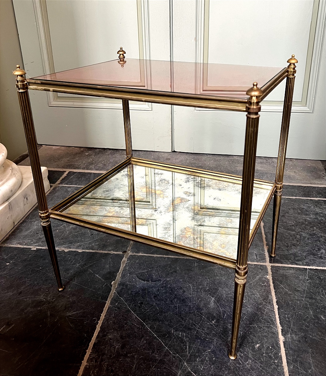 Paire de bouts de canapé en bronze avec plateau en faux cuir et mirror oxydés -photo-2