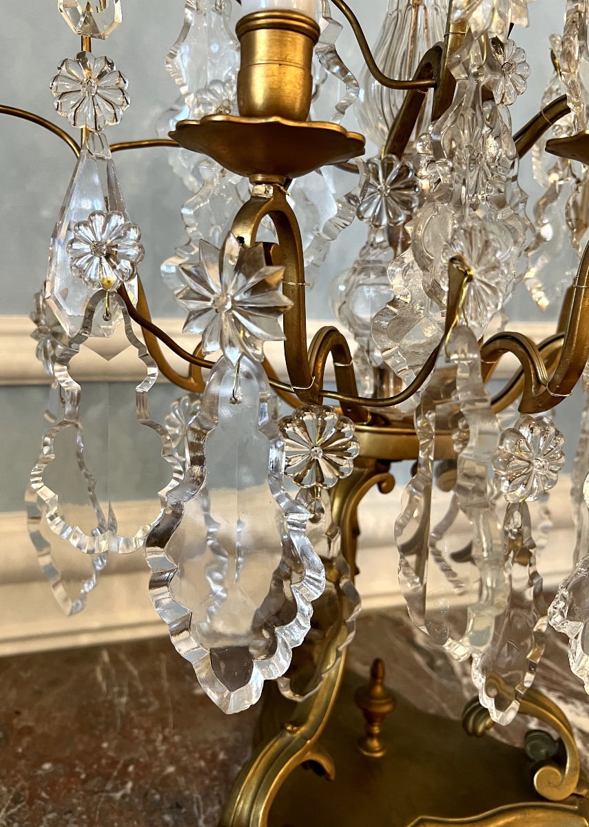 Pair Of Important Louis XV Style Girandoles In Gilt Bronze And Crystal-photo-1
