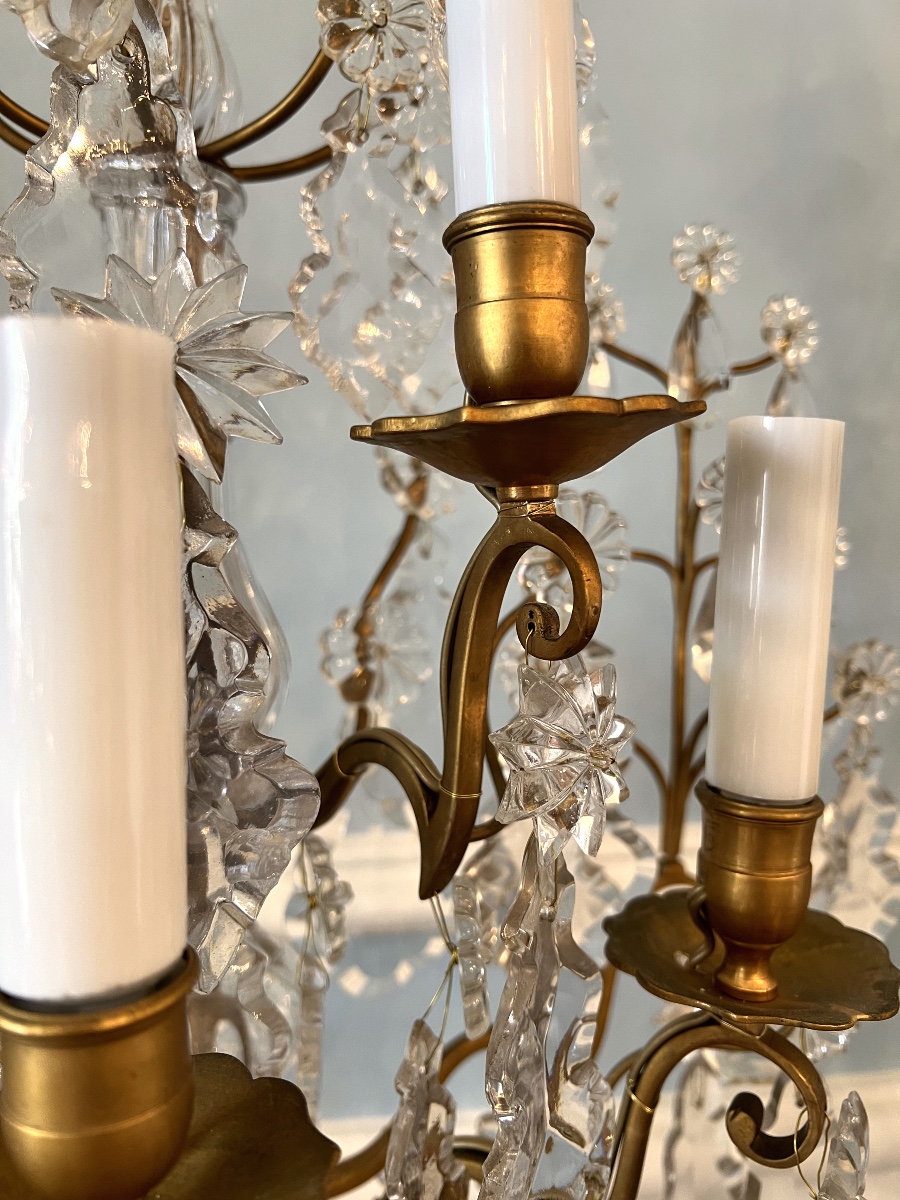 Pair Of Important Louis XV Style Girandoles In Gilt Bronze And Crystal-photo-2