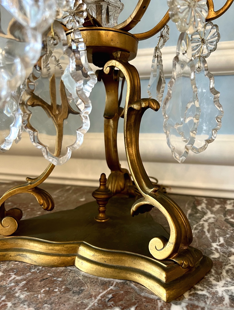 Pair Of Important Louis XV Style Girandoles In Gilt Bronze And Crystal-photo-3