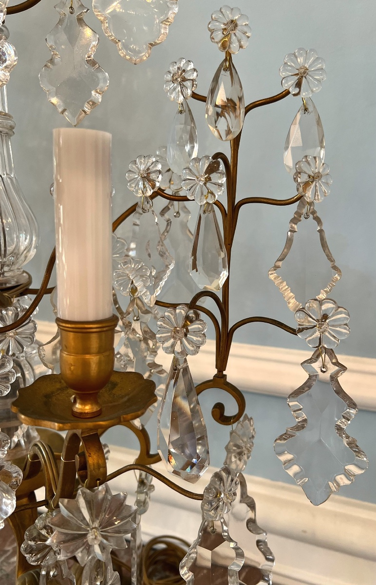 Pair Of Important Louis XV Style Girandoles In Gilt Bronze And Crystal-photo-4