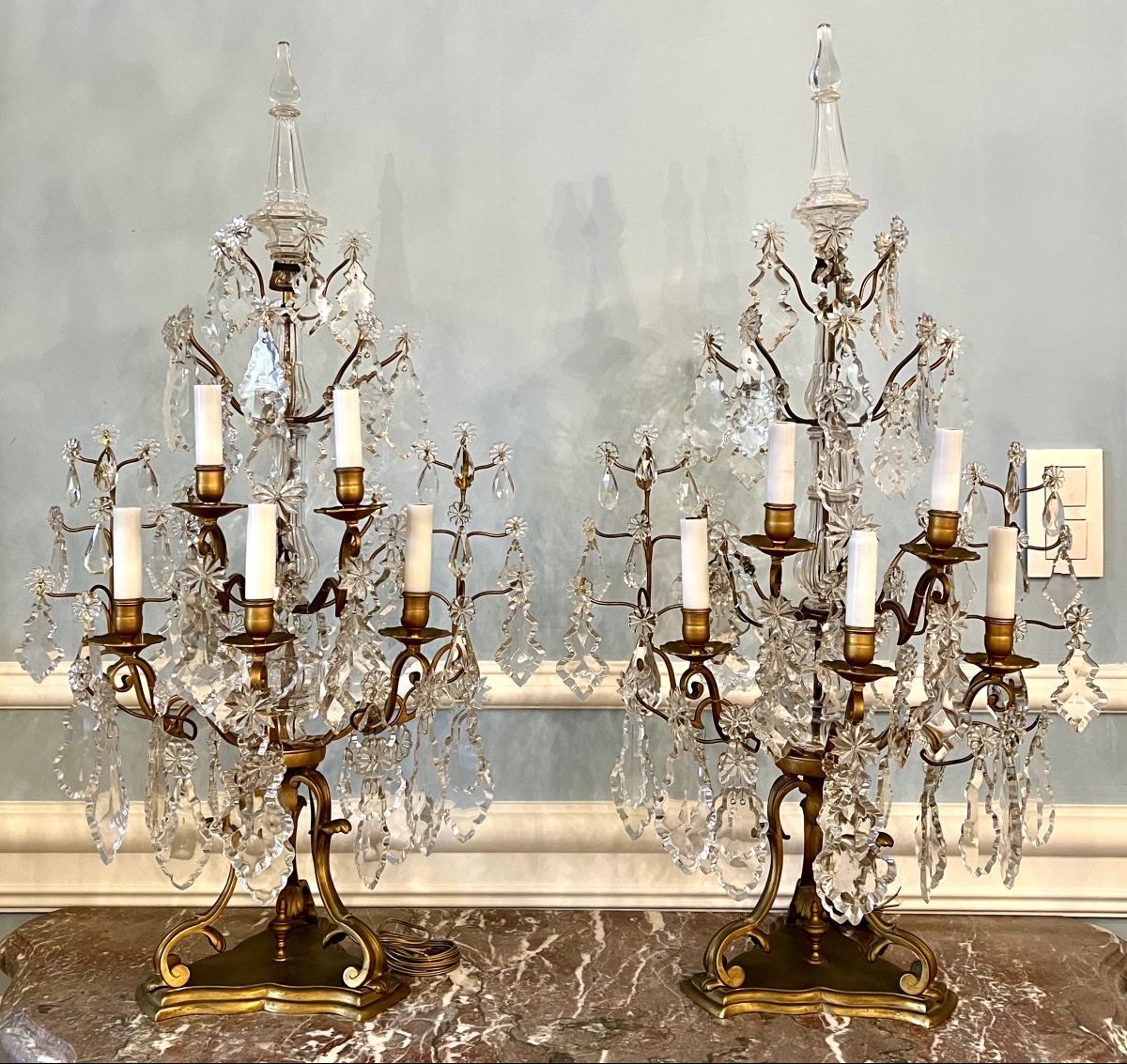 Pair Of Important Louis XV Style Girandoles In Gilt Bronze And Crystal