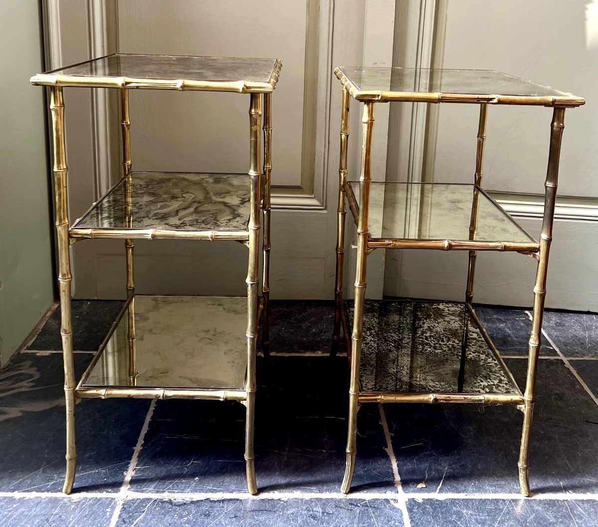 Maison Charles, Pair Of Gilt Bronze Faux Bamboo Side Tables With Mirrored Tops-photo-2