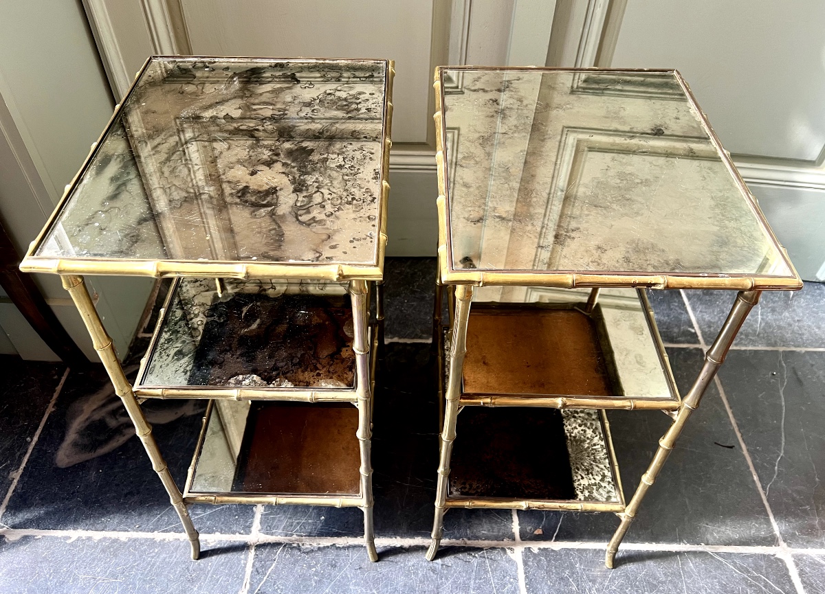 Maison Charles, Pair Of Gilt Bronze Faux Bamboo Side Tables With Mirrored Tops-photo-3