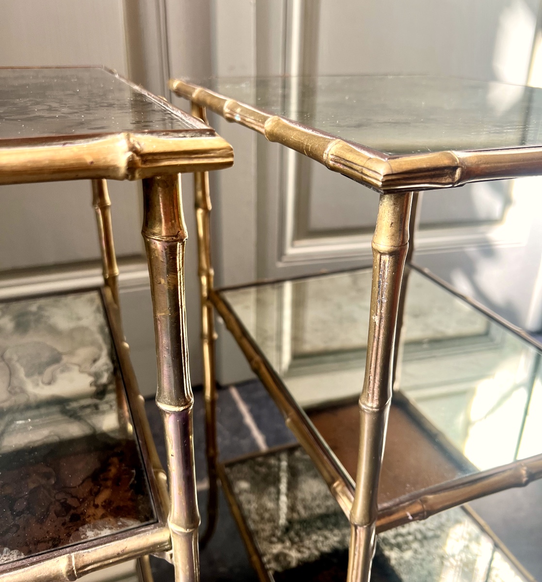 Maison Charles, Pair Of Gilt Bronze Faux Bamboo Side Tables With Mirrored Tops-photo-4