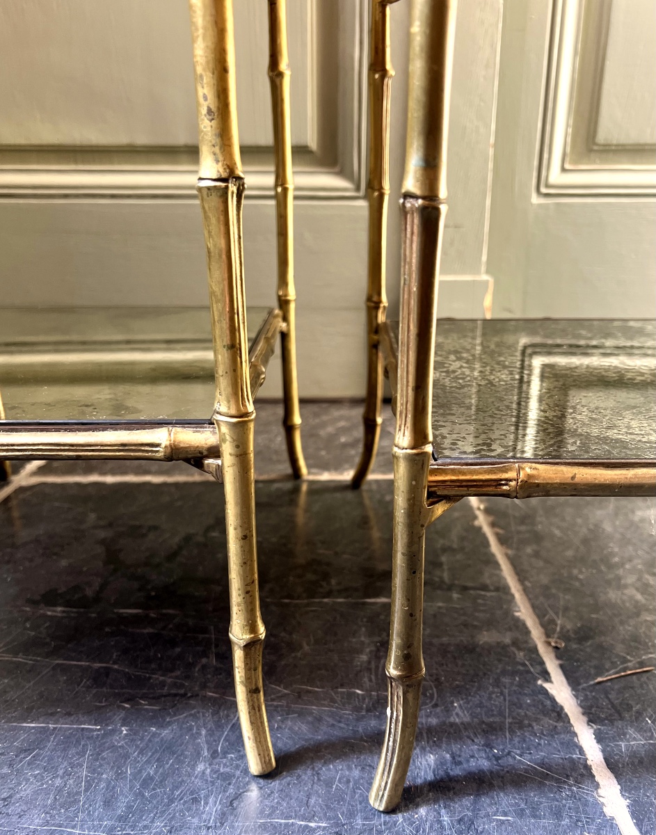 Maison Charles, Pair Of Gilt Bronze Faux Bamboo Side Tables With Mirrored Tops-photo-1