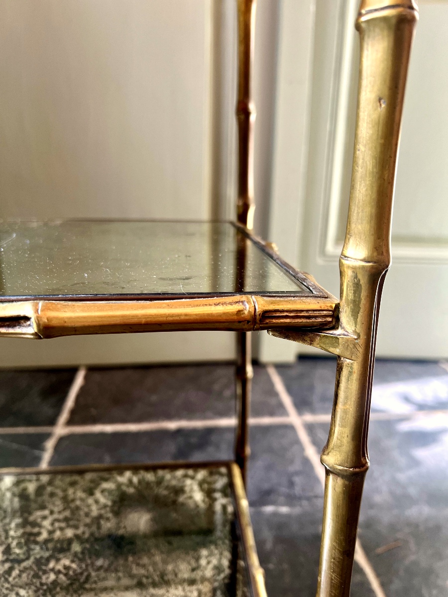 Maison Charles, Pair Of Gilt Bronze Faux Bamboo Side Tables With Mirrored Tops-photo-2