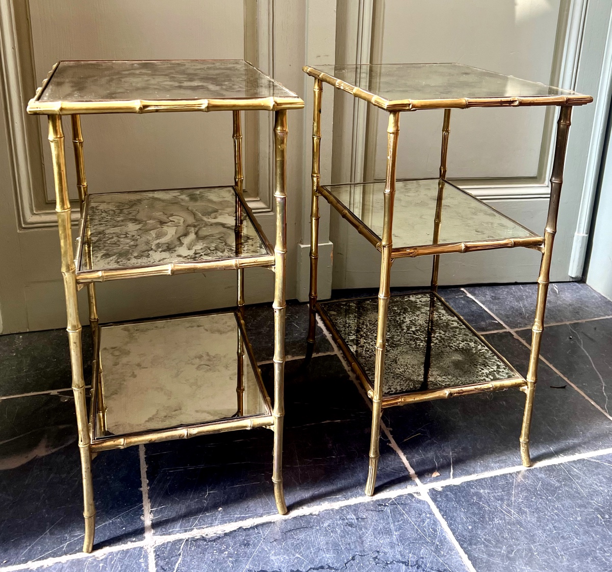 Maison Charles, Pair Of Gilt Bronze Faux Bamboo Side Tables With Mirrored Tops-photo-3