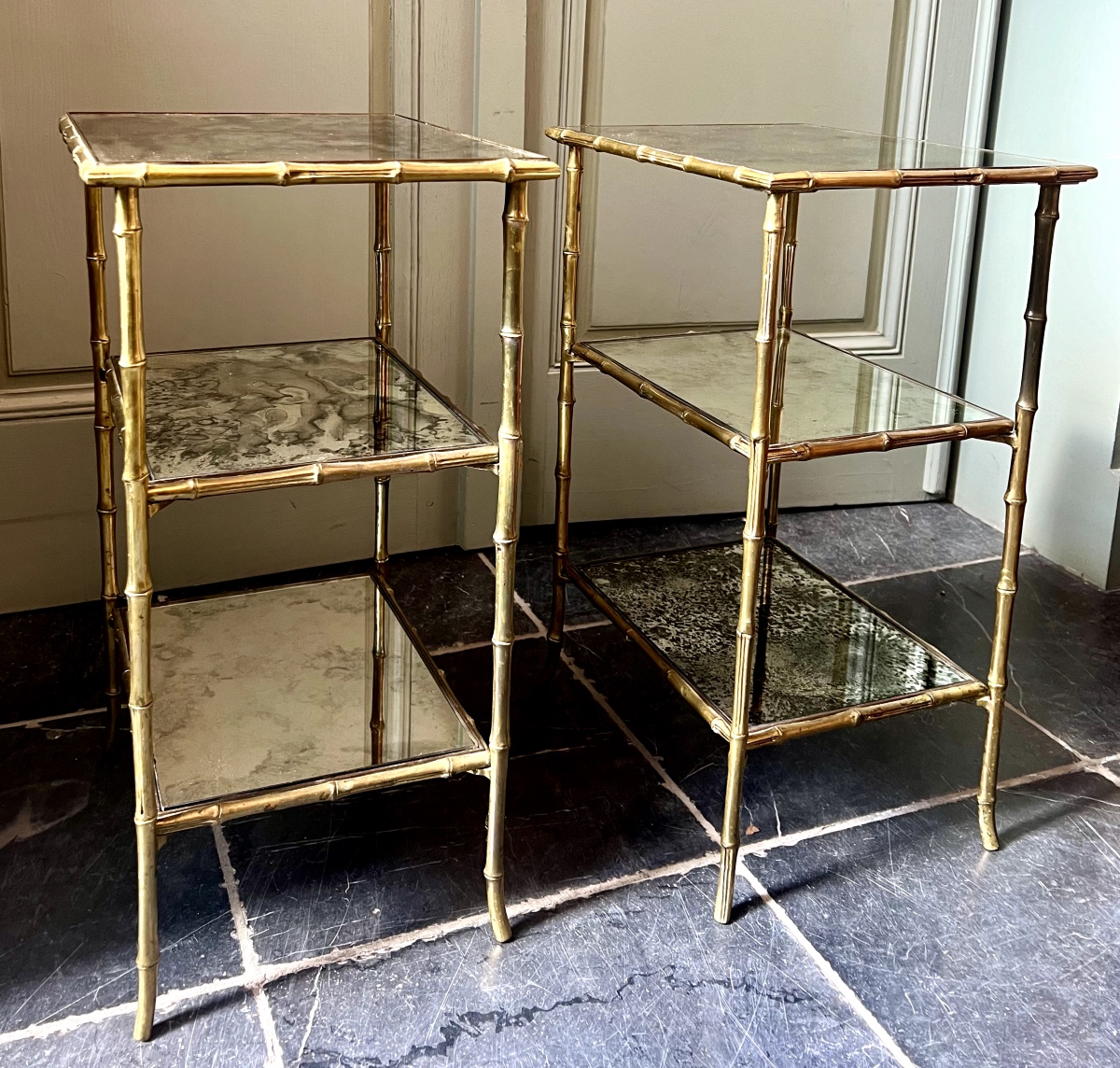 Maison Charles, Pair Of Gilt Bronze Faux Bamboo Side Tables With Mirrored Tops