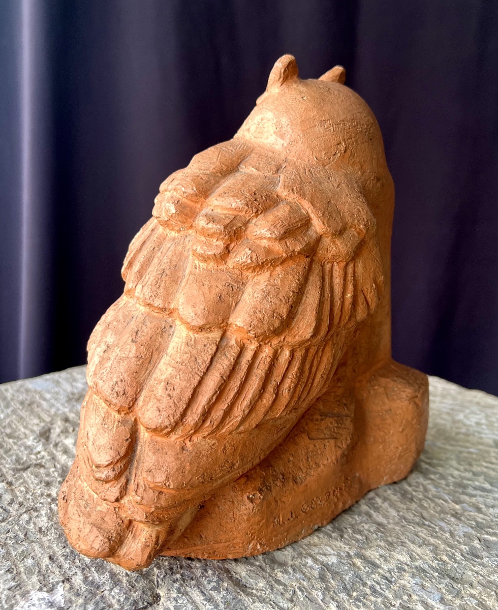 Herbert Geldhof, Hibou en terre cuite, sculpture animalier moderne-photo-1