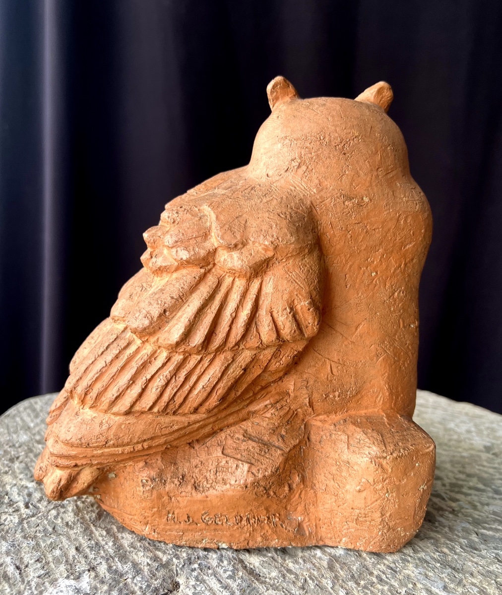 Herbert Geldhof, Hibou en terre cuite, sculpture animalier moderne-photo-2