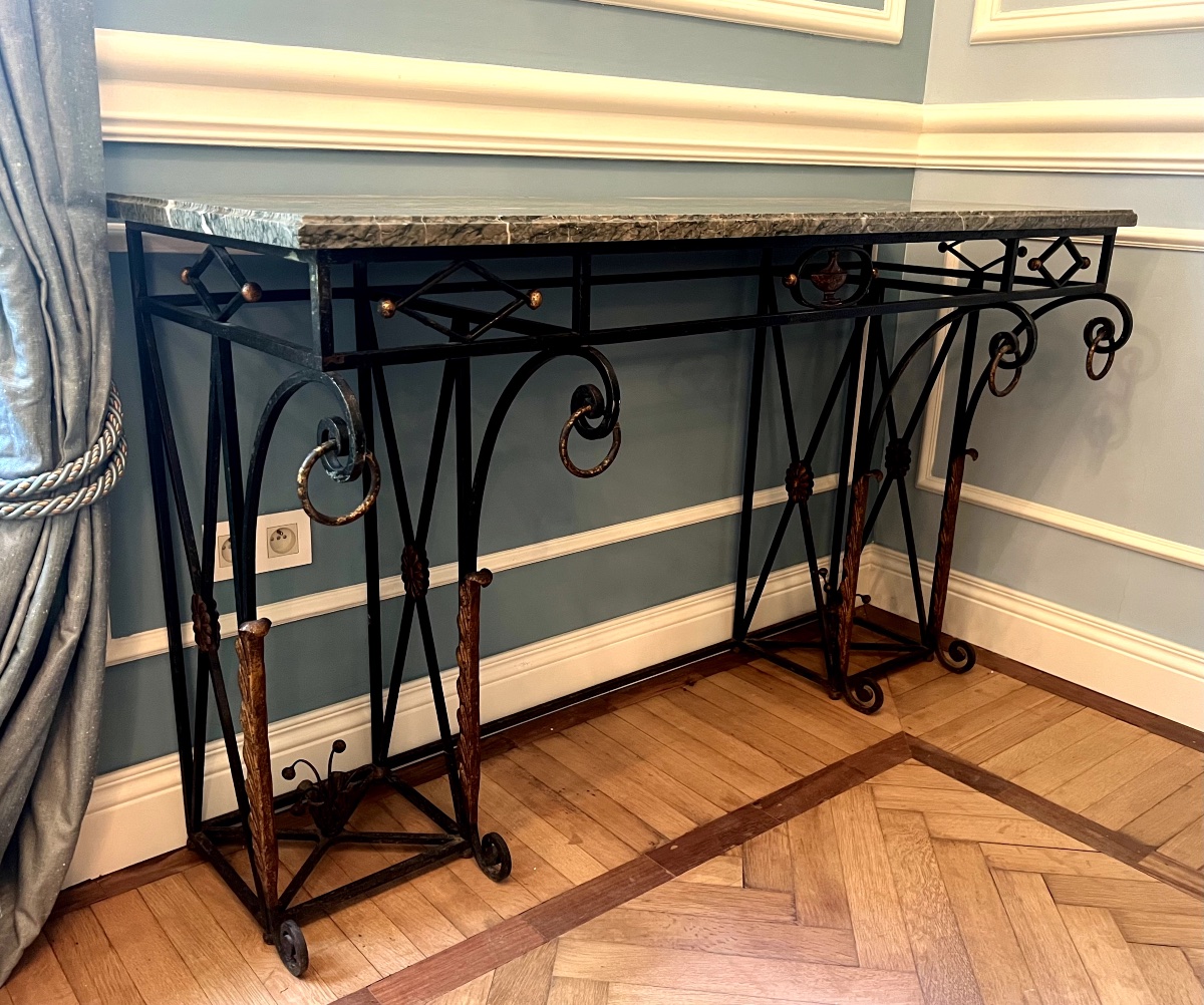 Grande console néoclassique en fer forgé avec plateau en marbre, français vers 1900-photo-2