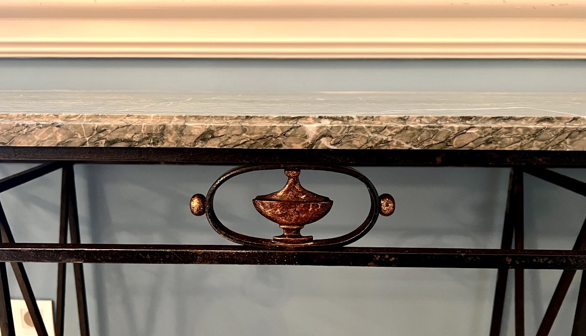 Grande console néoclassique en fer forgé avec plateau en marbre, français vers 1900-photo-4