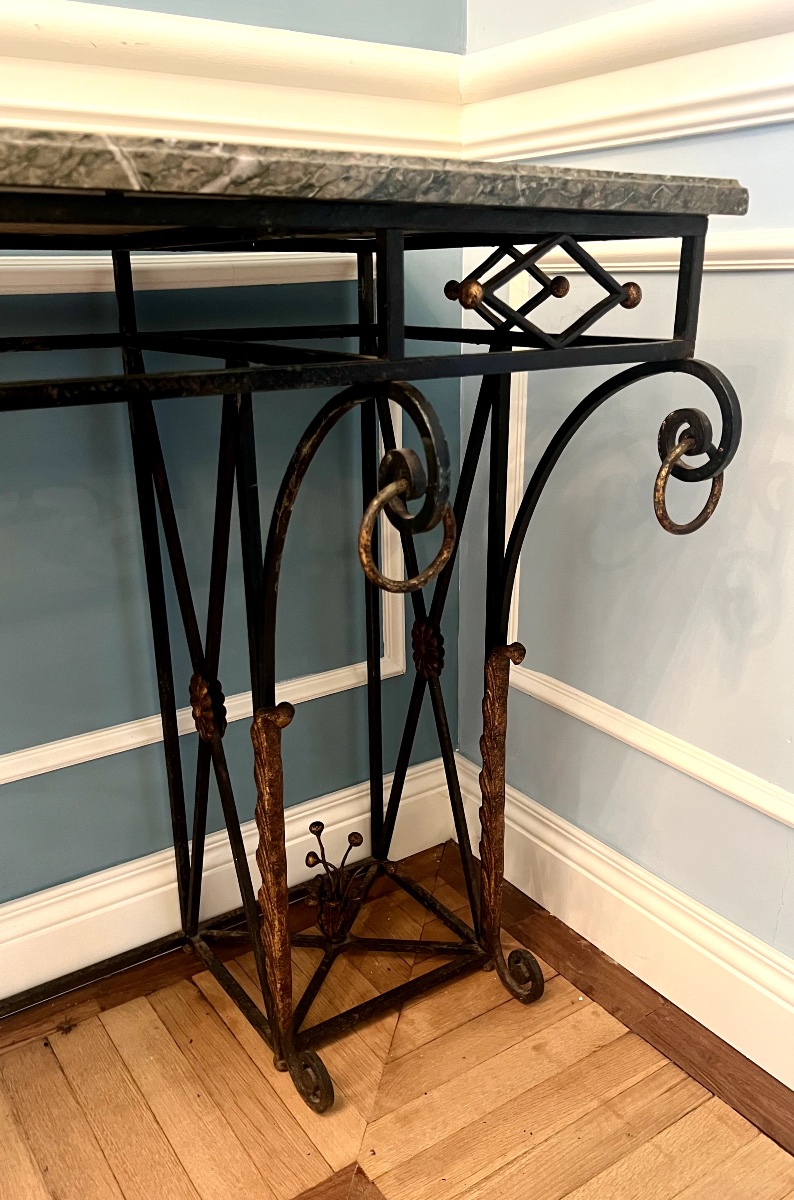 Grande console néoclassique en fer forgé avec plateau en marbre, français vers 1900-photo-1