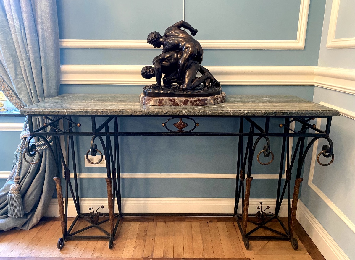 Grande console néoclassique en fer forgé avec plateau en marbre, français vers 1900-photo-4