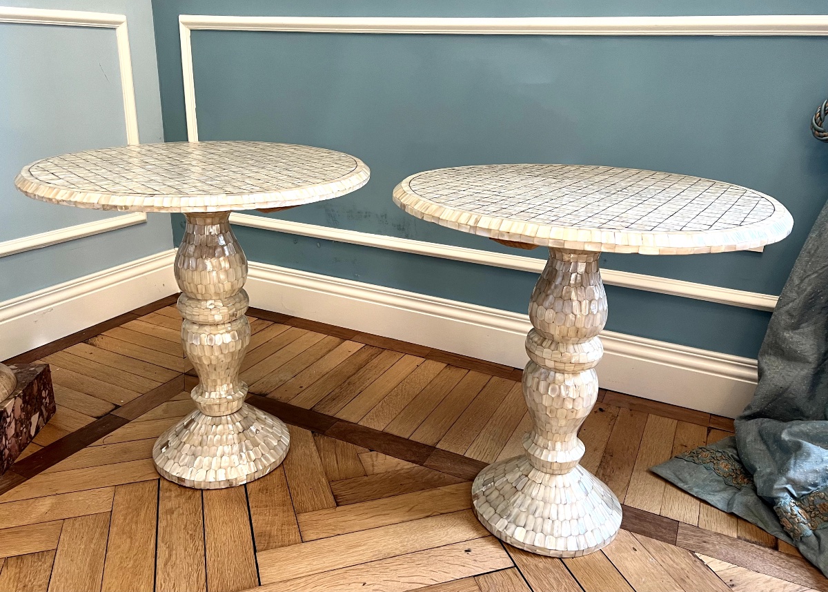 Pair Of Mother-of-pearl Inlaid Wooden Side / End Tables, XXth Century-photo-2