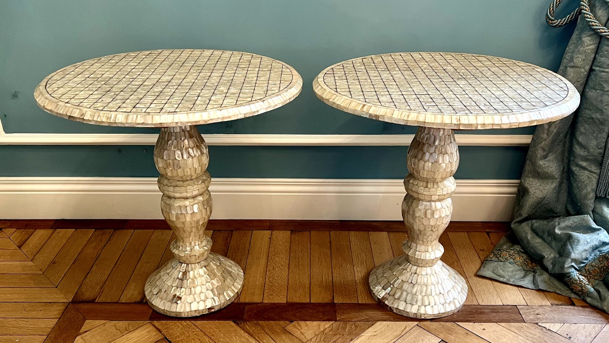 Pair Of Mother-of-pearl Inlaid Wooden Side / End Tables, XXth Century-photo-3