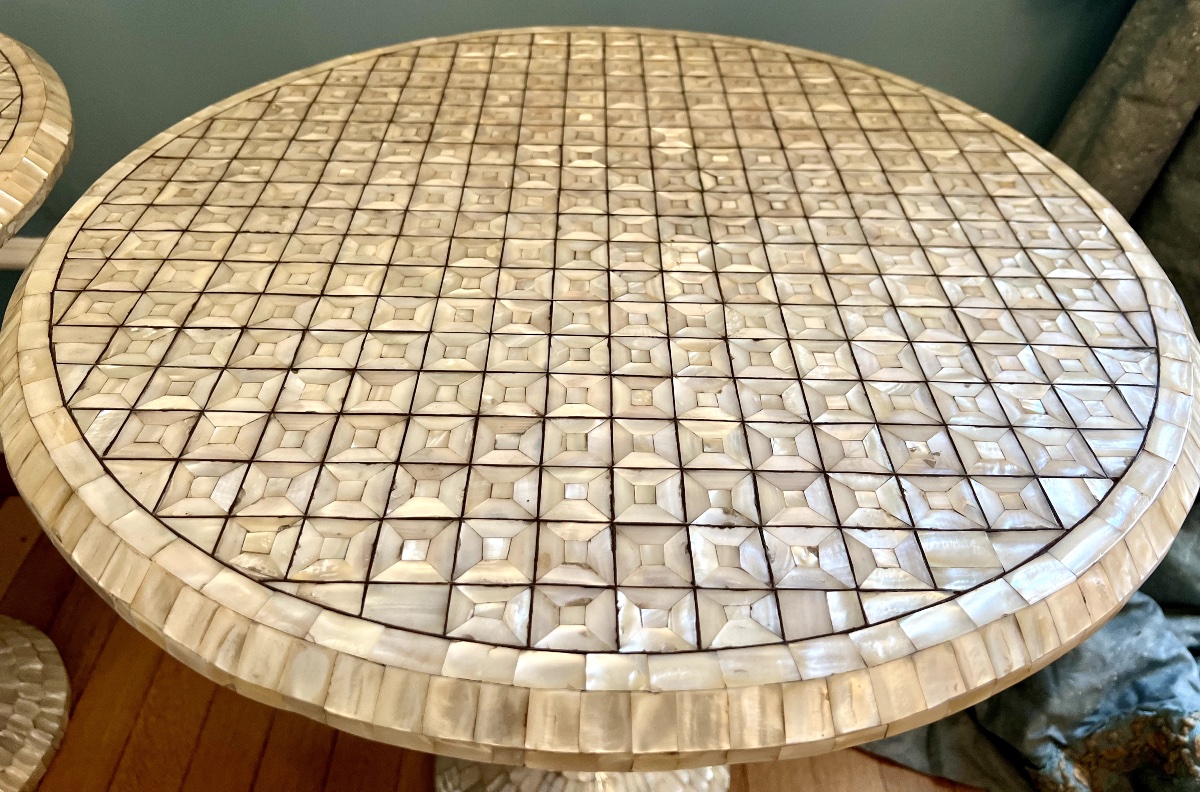 Pair Of Mother-of-pearl Inlaid Wooden Side / End Tables, XXth Century-photo-1