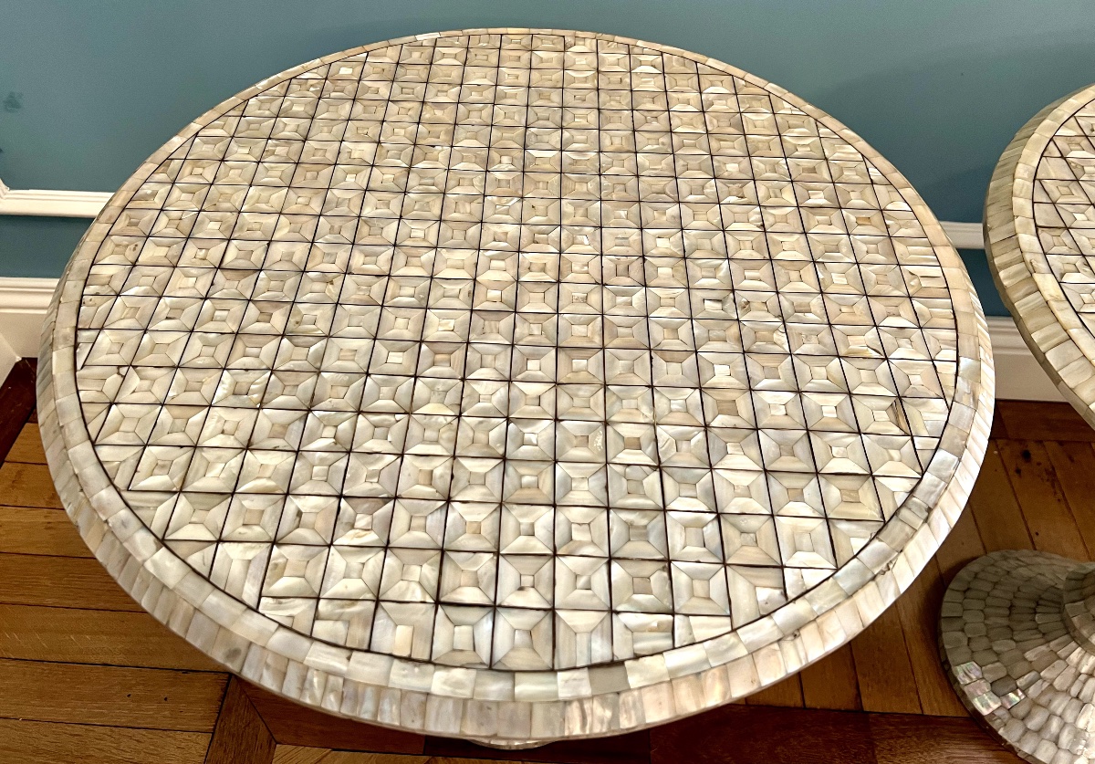 Pair Of Mother-of-pearl Inlaid Wooden Side / End Tables, XXth Century-photo-2