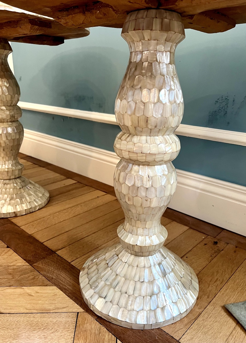 Pair Of Mother-of-pearl Inlaid Wooden Side / End Tables, XXth Century-photo-3