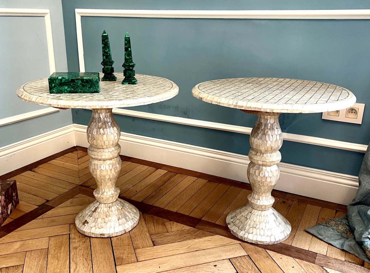 Pair Of Mother-of-pearl Inlaid Wooden Side / End Tables, XXth Century