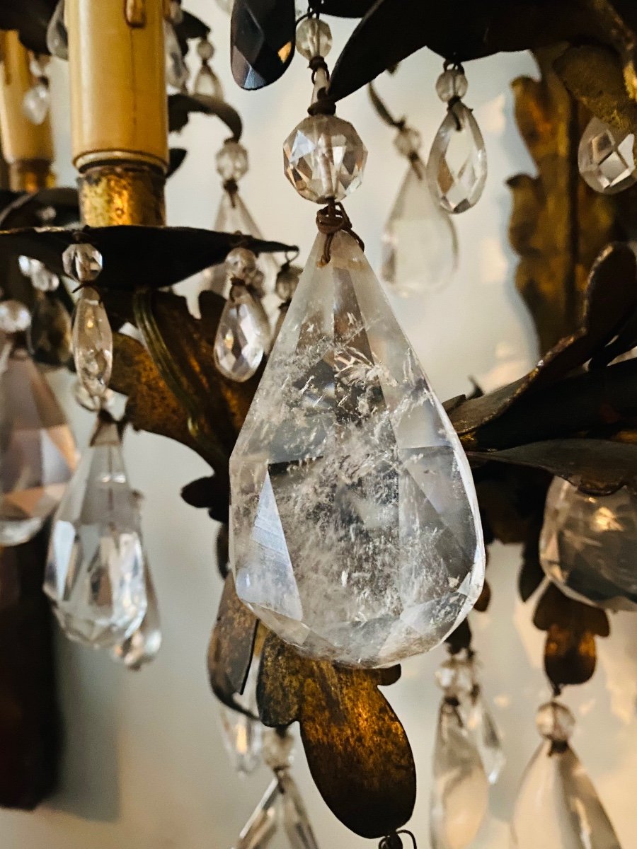 Paire D’appliques En Fer Forgé, Cristal De Roche Et Quartz Fumé-photo-4