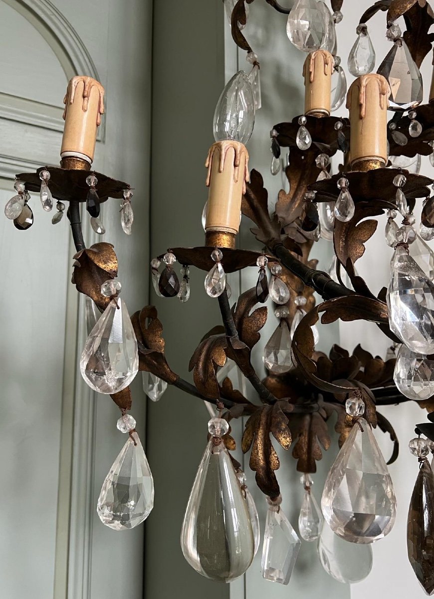 Paire D’appliques En Fer Forgé, Cristal De Roche Et Quartz Fumé-photo-1