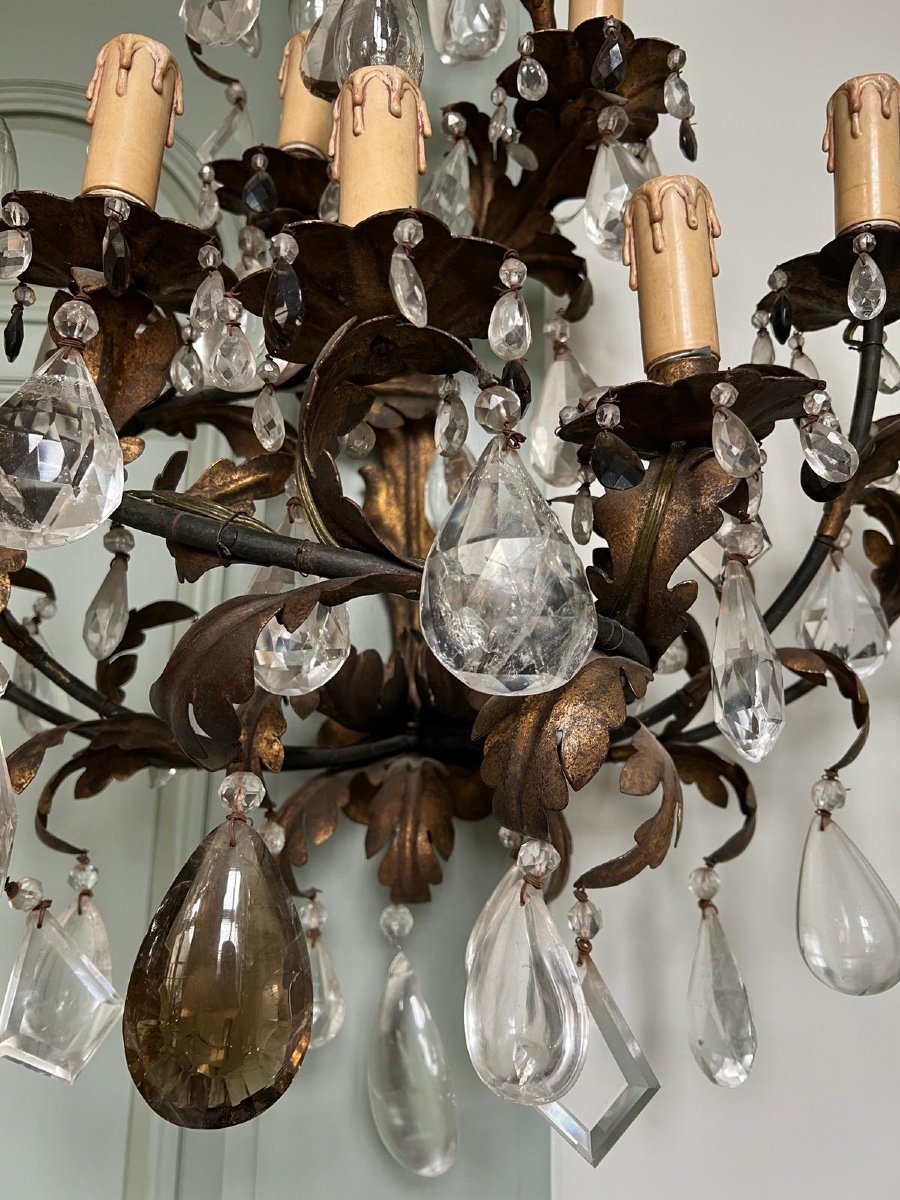 Paire D’appliques En Fer Forgé, Cristal De Roche Et Quartz Fumé-photo-2
