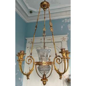 Neoclassical Chandelier With 6 Arms  In Gilt Bronze And Engraved Crystal
