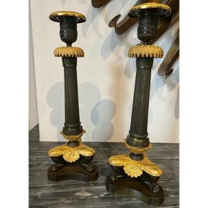 Restoration Period  Gilt And Patinated Bronze Candlesticks