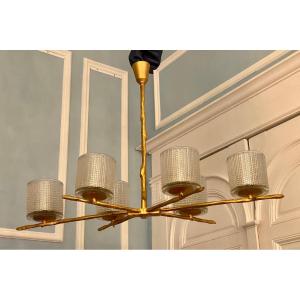 Felix Agostini x Maison Arlus, Rare lustre moderne en bronze doré et verre 
