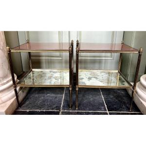 Paire de bouts de canapé en bronze avec plateau en faux cuir et mirror oxydés 