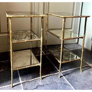 Maison Charles, Pair Of Gilt Bronze Faux Bamboo Side Tables With Mirrored Tops