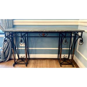 Grande console néoclassique en fer forgé avec plateau en marbre, français vers 1900