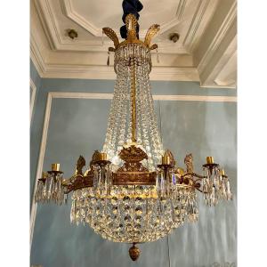 Lustre de la fin de d’époque Empire à douze lumières en bronze doré et cristal taillé